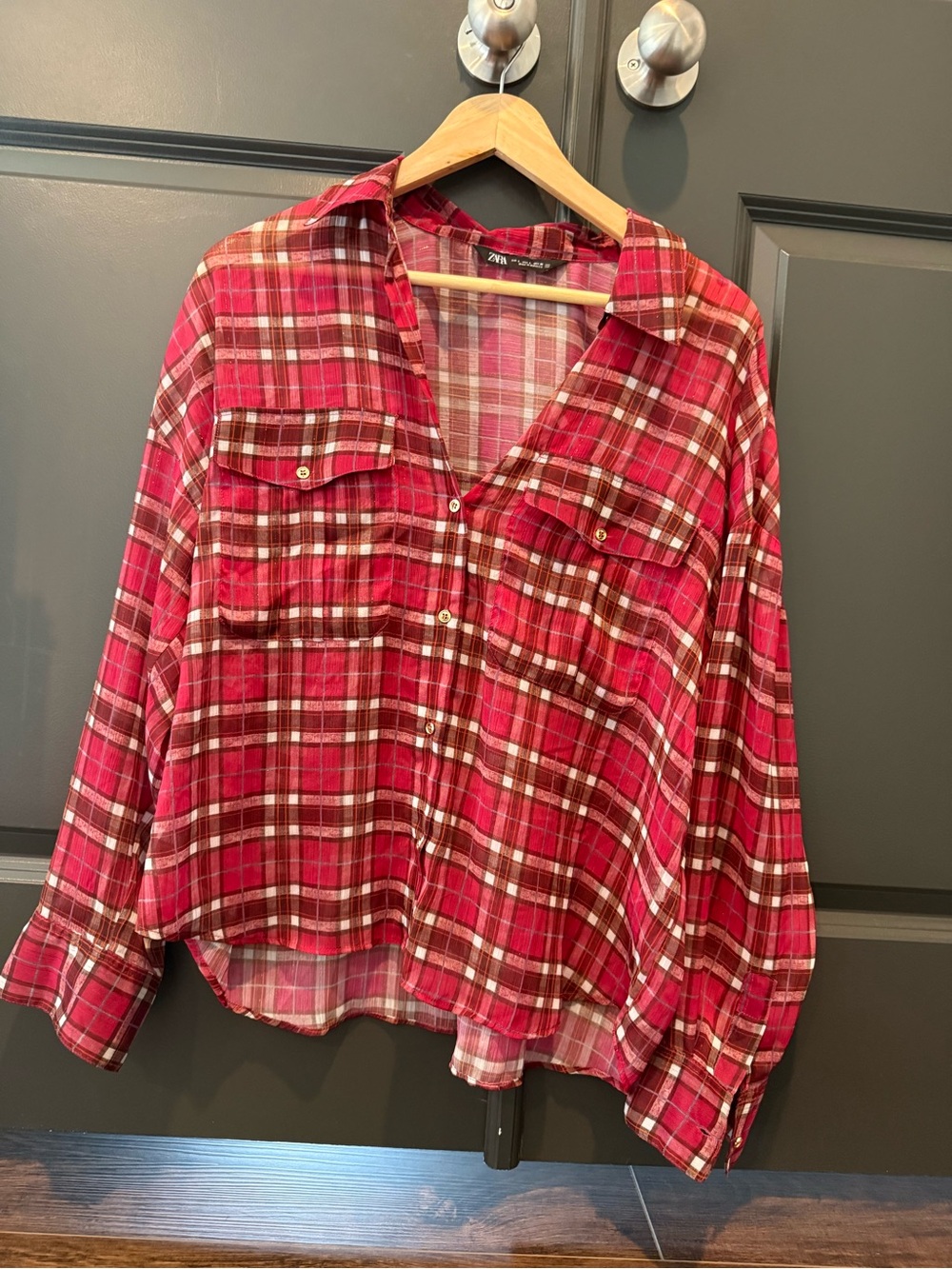 Zara Red Plaid Button-Down Shirt